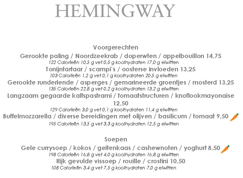 Menukaart met voedingswaarden bij Hemingway slaat aan