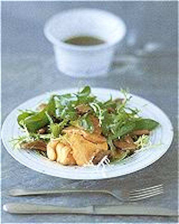 Salade van kalfswang en gebakken ganzenlever met PedroXimenezvinaigrette