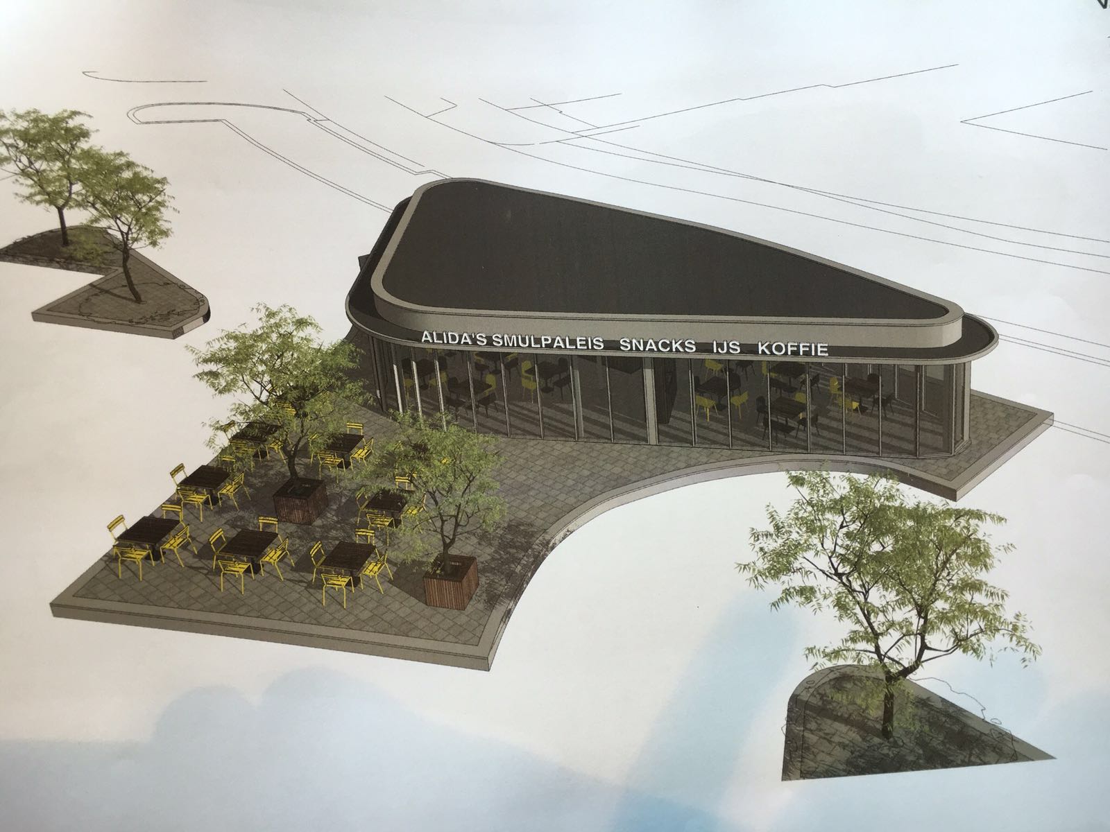 Artist impression van het vernieuwde terras.