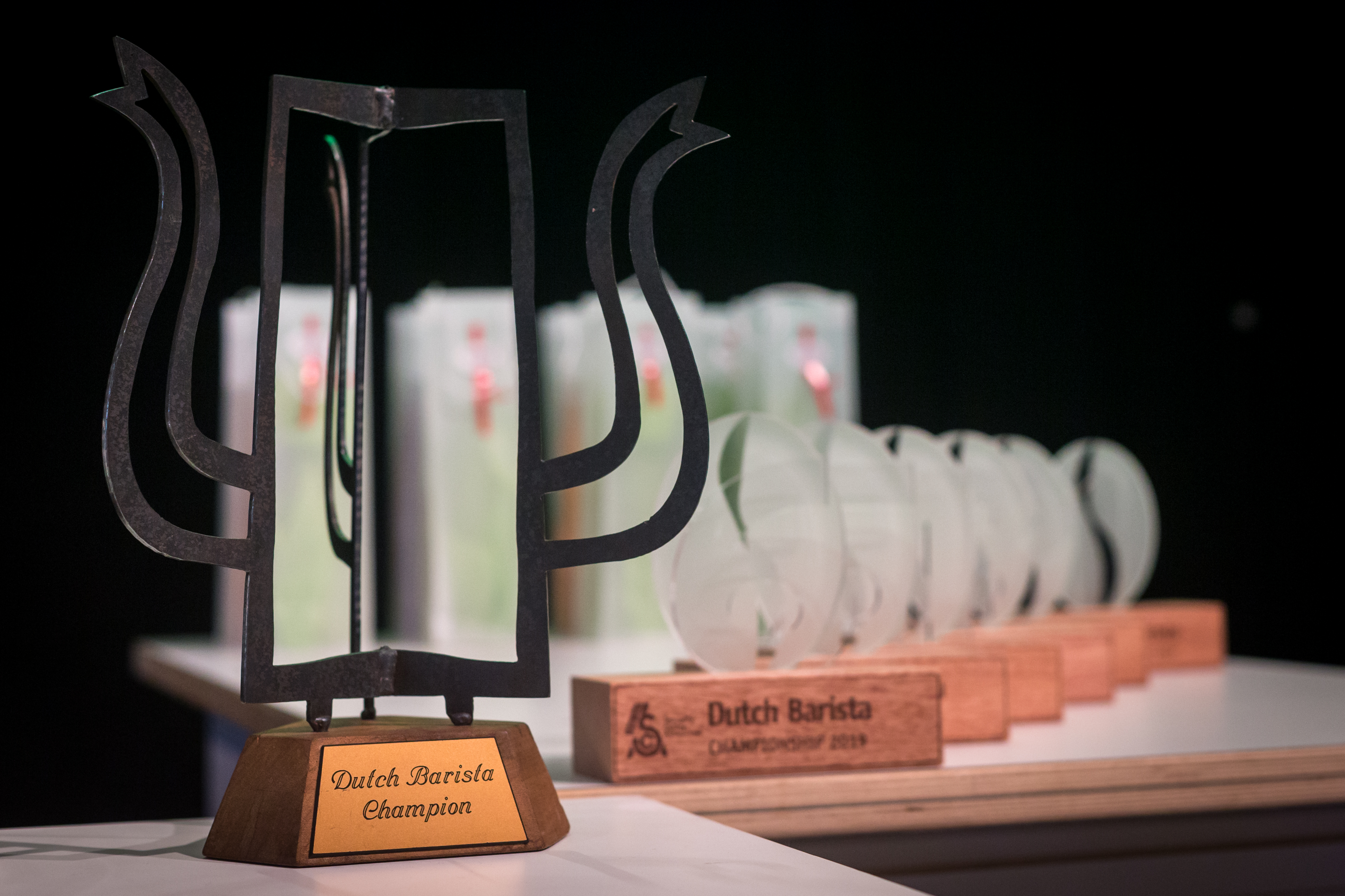 Amsterdam, 2 Maart 2019: The Amsterdam Coffee Festival. Foto van de prijzen tijdens The Dutch Barista Championship.  © Sebastiaan Rozendaal