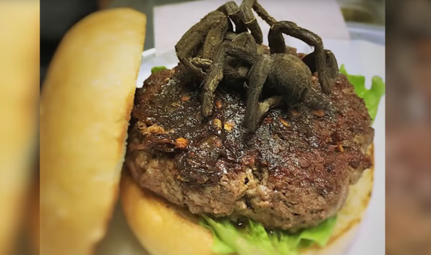 Restaurant serveert hamburgers met geroosterde spinnen