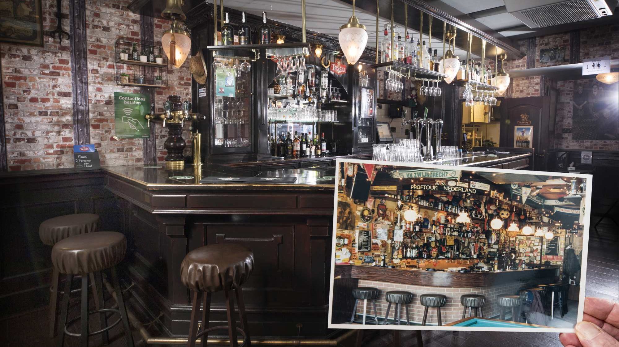 De huidige bar met als foto-inzet de bar van toen.