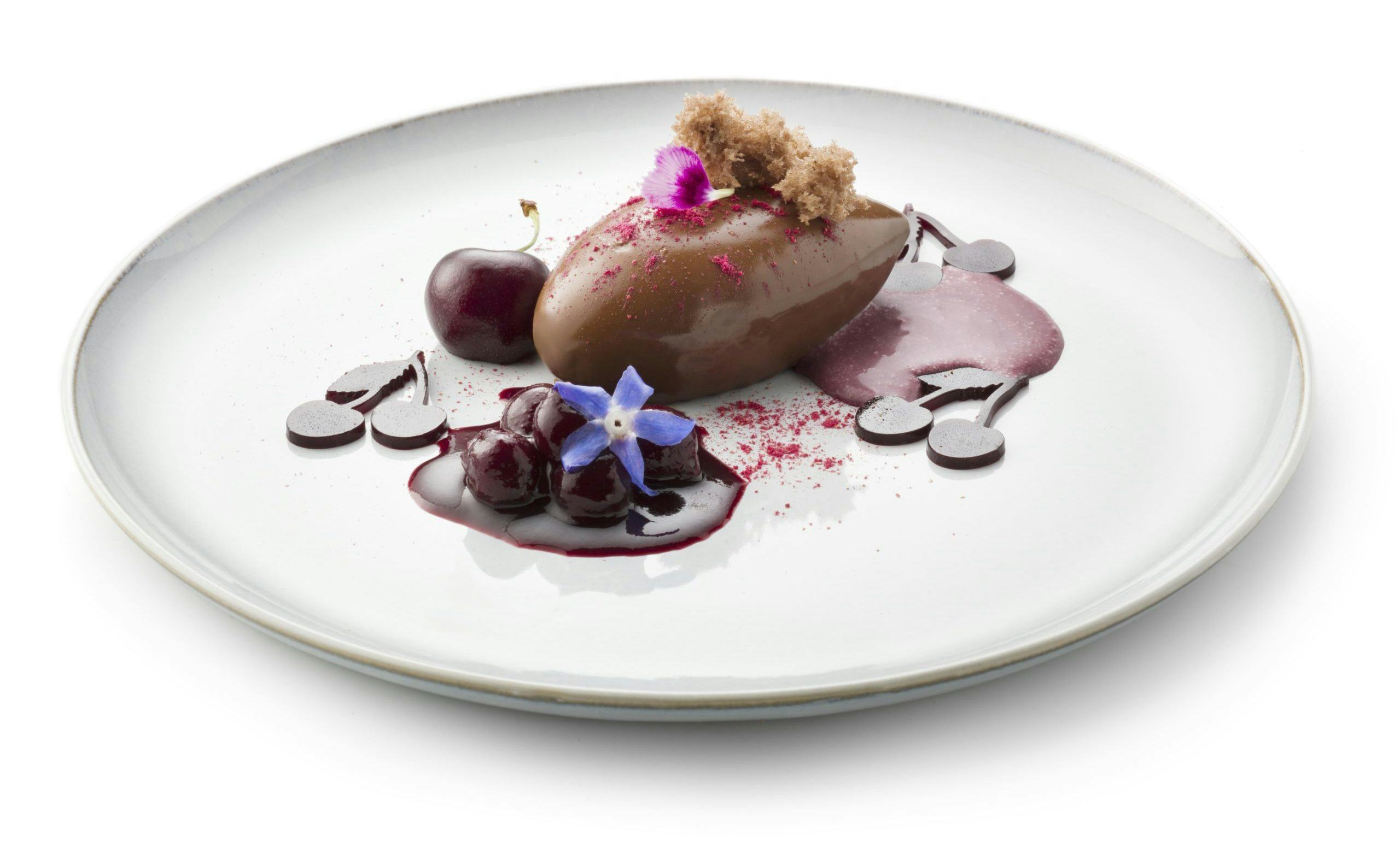 Chocolade quenelle van luchtige mousse met een laagje pure chocolade.