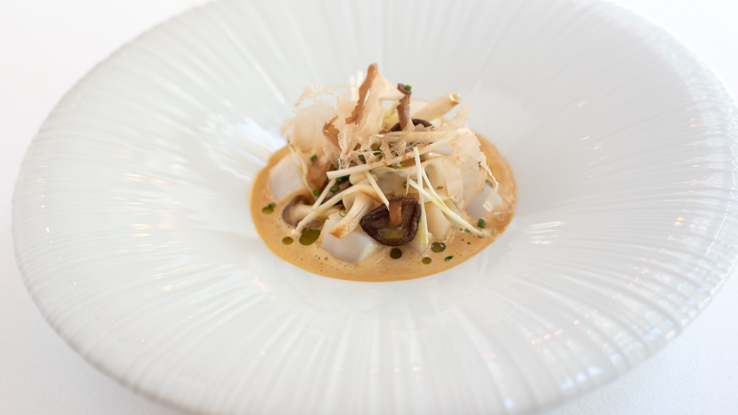 Coquille, kabeljauw, knolselderij, enoki, soja-shiitake, jus van merg, katsuobushi.