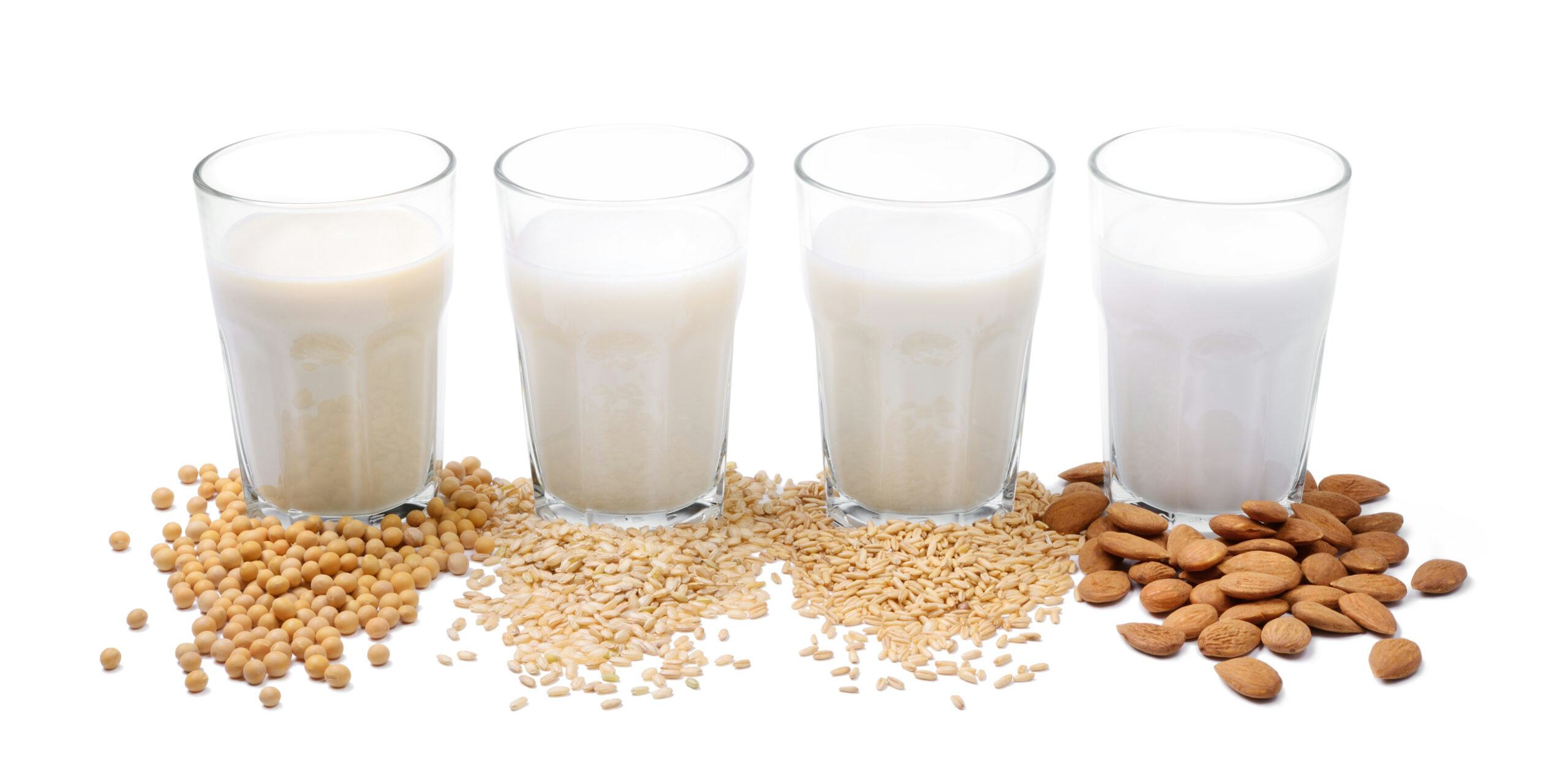 Vier verschillende plantaardige melkvarianten: soja, rijst, haver en amandel.