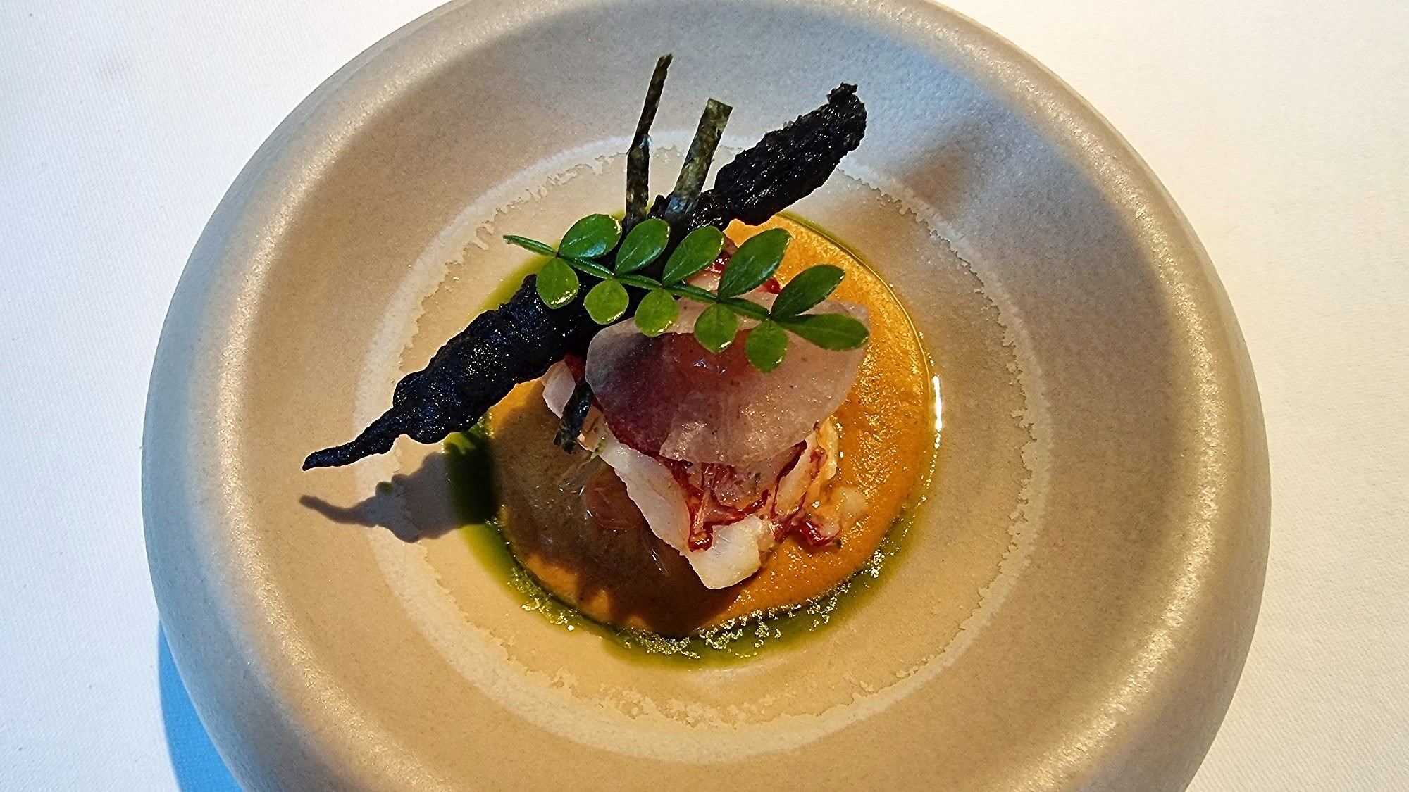 Oosterschelde Kreeft in tikka masala met planktonolie en gel van kalamansi. Door Floris van Straalen.