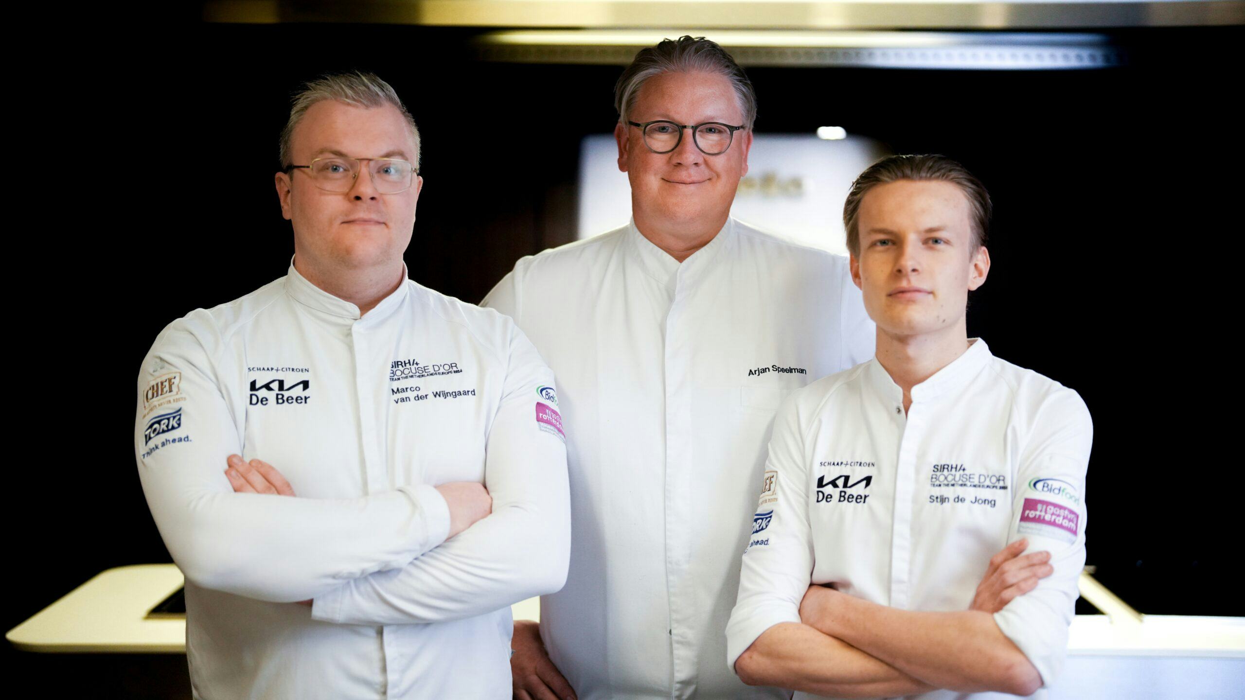 Het Nederlands team Bocuse d'Or. Vlnr. Chef Marco van der Wijngaard, coach Arjkan Speelman en commis Stijn de Jong.