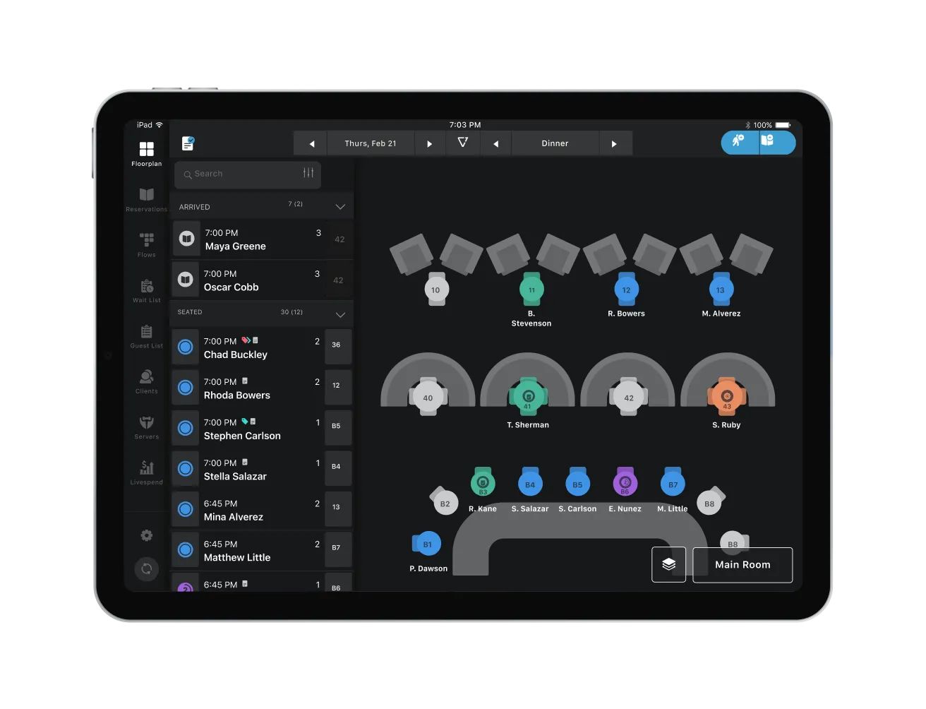 Een tafelindeling in een applicatie van SevenRooms