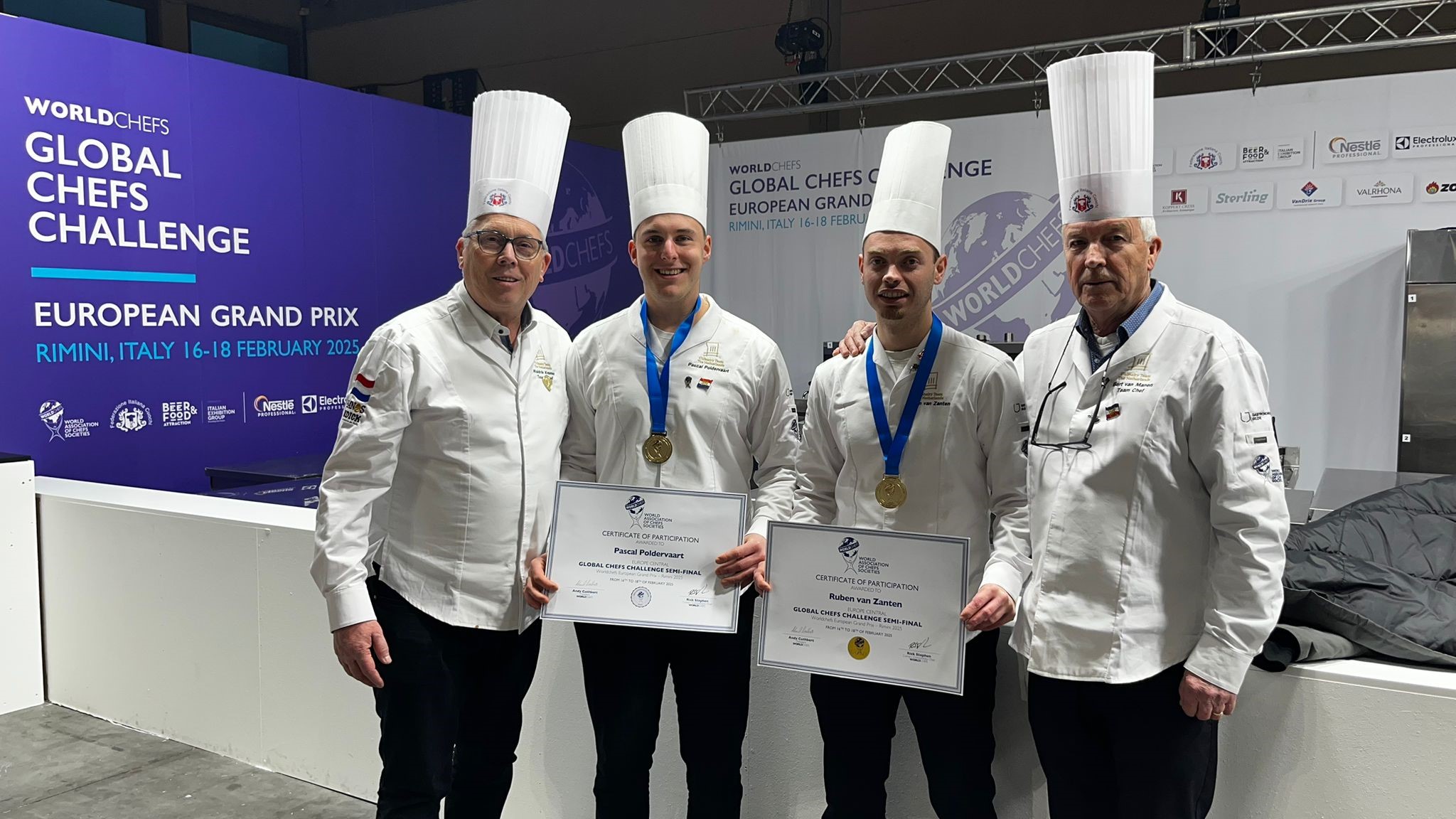 Waldrik Kremer (internationaal jurylid & teammanager Nederlands Culinair Team), Pascal Poldervaart, Ruben van Zanten en Bert van Manen (teammanager Nederlands Culinair Team).
