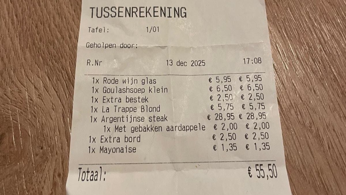 Kassabon, met bijdrage voor bord en bestek